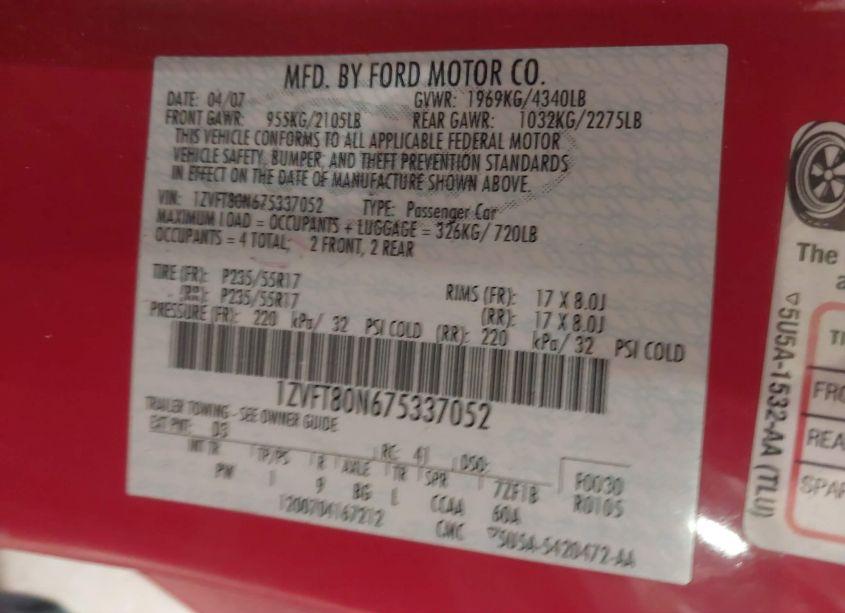 Photo 9 of 2007 Ford Mustang V6 DELUXE/V6 PREMIUM (VIN 1ZVFT80N675337052)