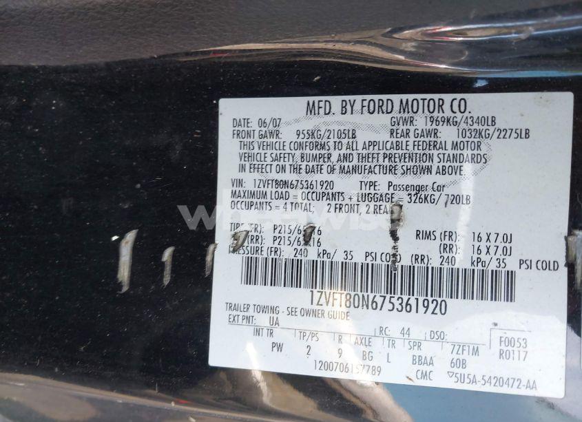 Photo 9 of 2007 Ford Mustang V6 DELUXE/V6 PREMIUM (VIN 1ZVFT80N675361920)