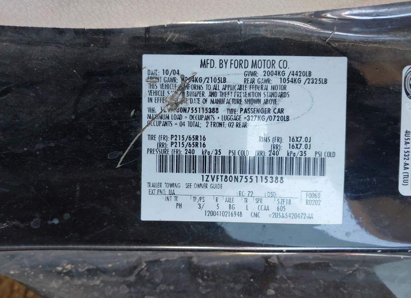 Photo 9 of 2005 Ford Mustang V6 DELUXE/V6 PREMIUM (VIN 1ZVFT80N755115388)