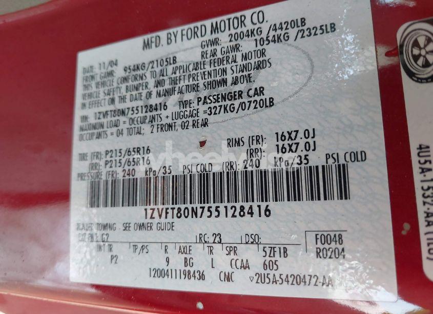 Photo 9 of 2005 Ford Mustang V6 DELUXE/V6 PREMIUM (VIN 1ZVFT80N755128416)