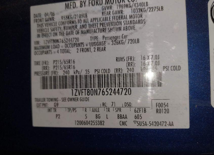 Photo 9 of 2006 Ford Mustang V6 (VIN 1ZVFT80N765244720)