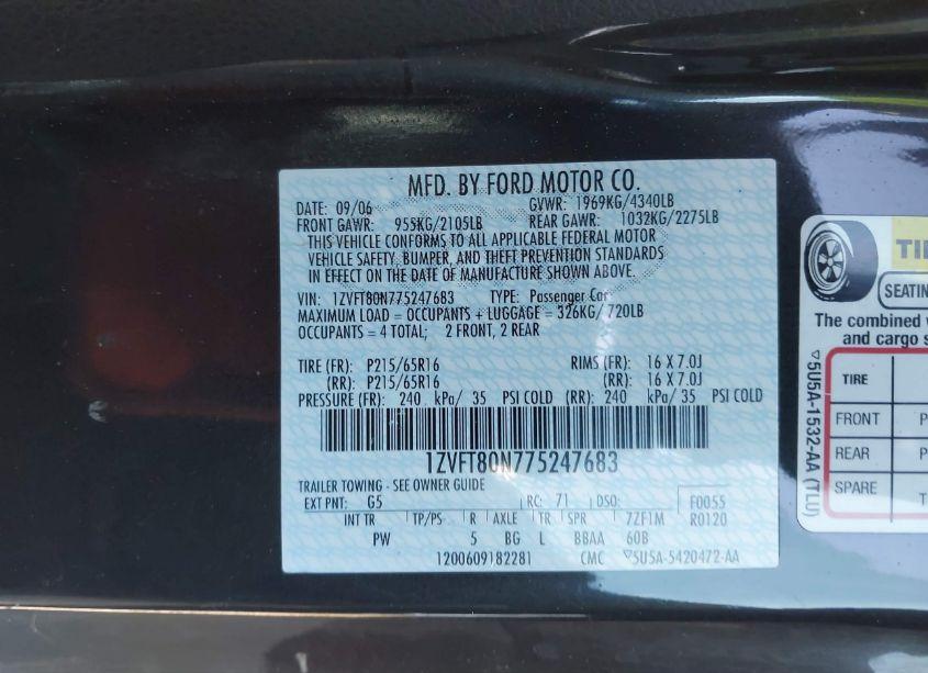 Photo 9 of 2007 Ford Mustang V6 DELUXE/V6 PREMIUM (VIN 1ZVFT80N775247683)