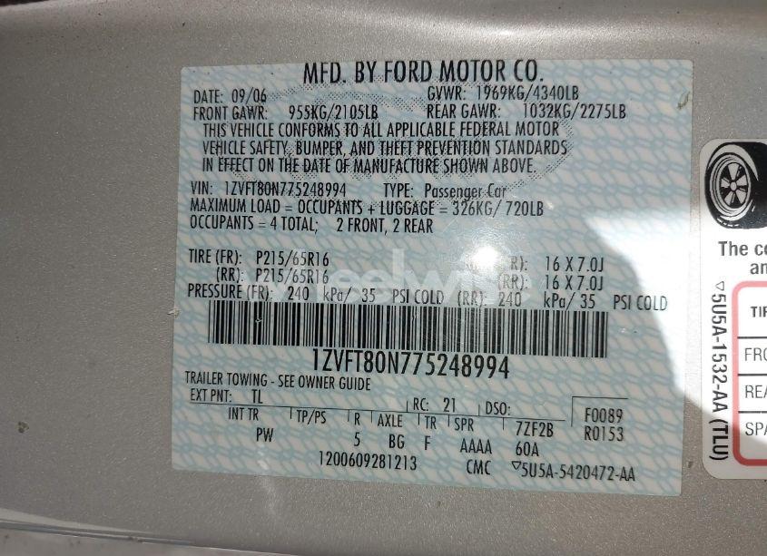 Photo 9 of 2007 Ford Mustang V6 DELUXE/V6 PREMIUM (VIN 1ZVFT80N775248994)