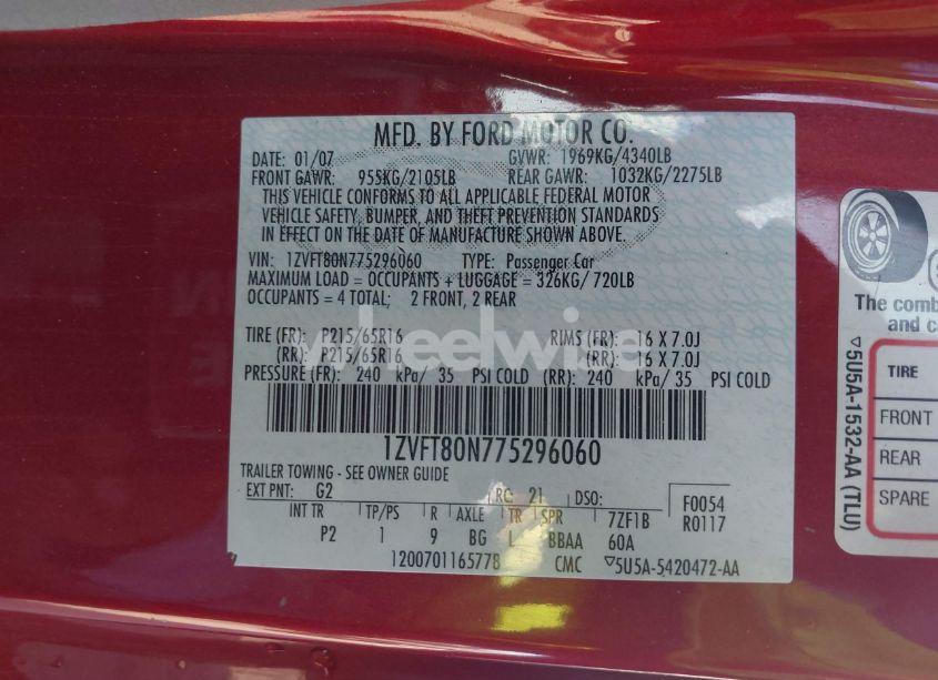 Photo 9 of 2007 Ford Mustang V6 DELUXE/V6 PREMIUM (VIN 1ZVFT80N775296060)