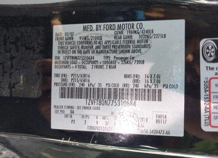 Photo 9 of 2007 Ford Mustang V6 DELUXE/V6 PREMIUM (VIN 1ZVFT80N775310684)