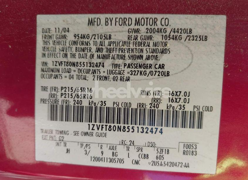 Photo 9 of 2005 Ford Mustang V6 DELUXE/V6 PREMIUM (VIN 1ZVFT80N855132474)