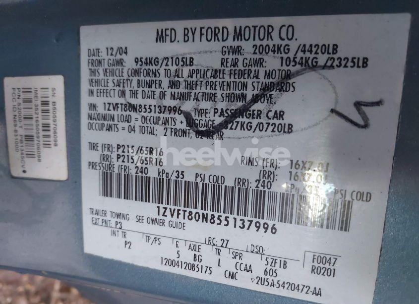 Photo 9 of 2005 Ford Mustang V6 DELUXE/V6 PREMIUM (VIN 1ZVFT80N855137996)