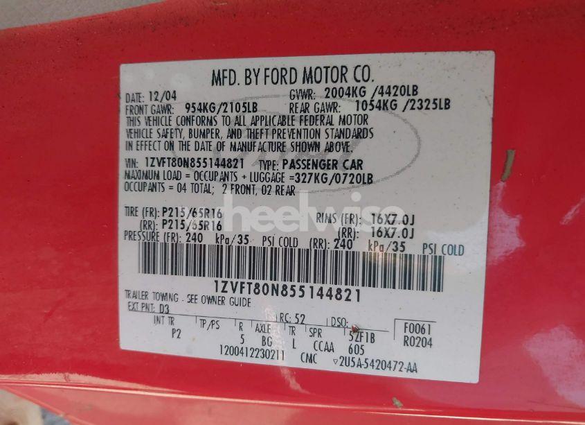 Photo 9 of 2005 Ford Mustang V6 DELUXE/V6 PREMIUM (VIN 1ZVFT80N855144821)