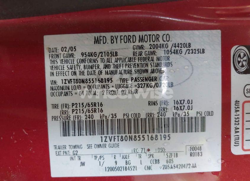 Photo 9 of 2005 Ford Mustang V6 DELUXE/V6 PREMIUM (VIN 1ZVFT80N855168195)