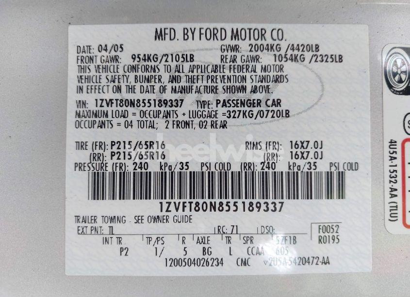 Photo 9 of 2005 Ford Mustang V6 DELUXE/V6 PREMIUM (VIN 1ZVFT80N855189337)