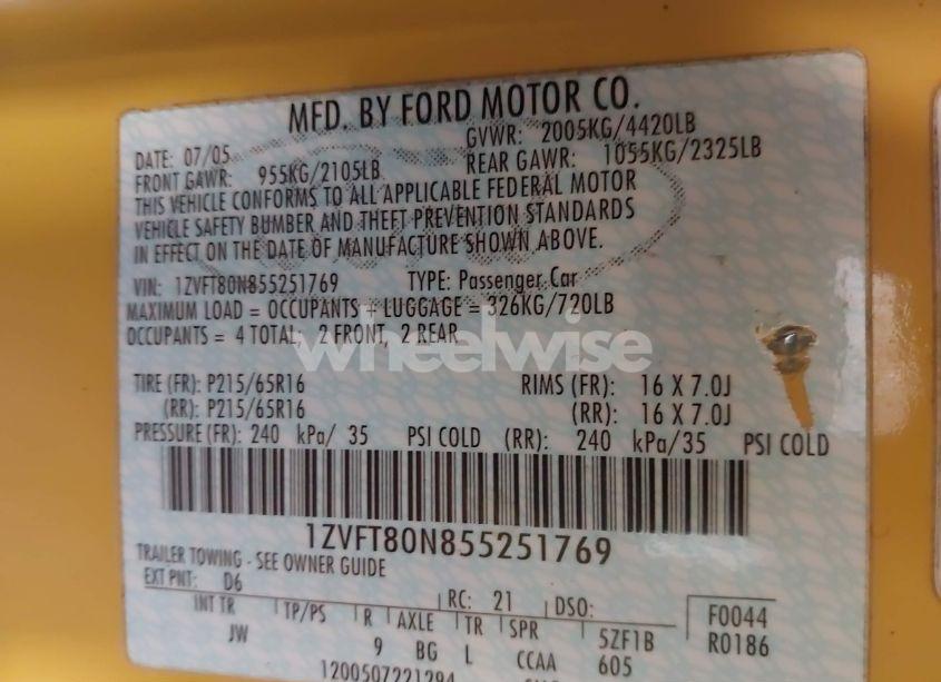 Photo 9 of 2005 Ford Mustang V6 DELUXE/V6 PREMIUM (VIN 1ZVFT80N855251769)