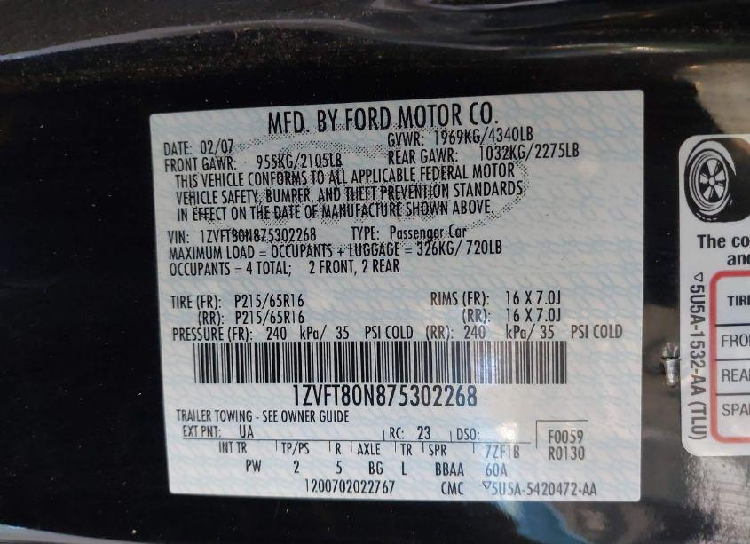 Photo 9 of 2007 Ford Mustang V6 DELUXE/V6 PREMIUM (VIN 1ZVFT80N875302268)