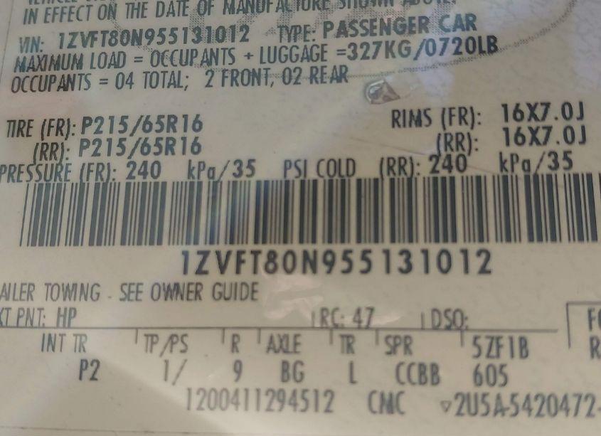 Photo 9 of 2005 Ford Mustang V6 DELUXE/V6 PREMIUM (VIN 1ZVFT80N955131012)