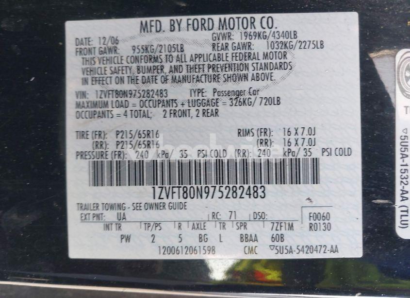 Photo 9 of 2007 Ford Mustang V6 DELUXE/V6 PREMIUM (VIN 1ZVFT80N975282483)