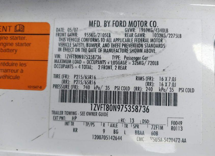 Photo 9 of 2007 Ford Mustang V6 DELUXE/V6 PREMIUM (VIN 1ZVFT80N975358736)