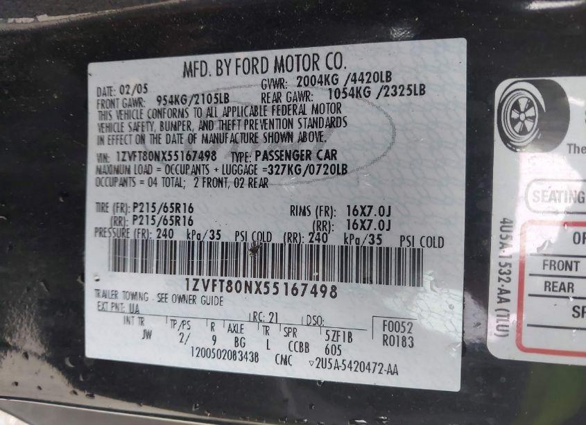 Photo 9 of 2005 Ford Mustang V6 DELUXE/V6 PREMIUM (VIN 1ZVFT80NX55167498)