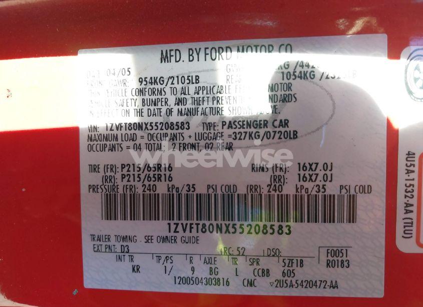 Photo 9 of 2005 Ford Mustang V6 DELUXE/V6 PREMIUM (VIN 1ZVFT80NX55208583)