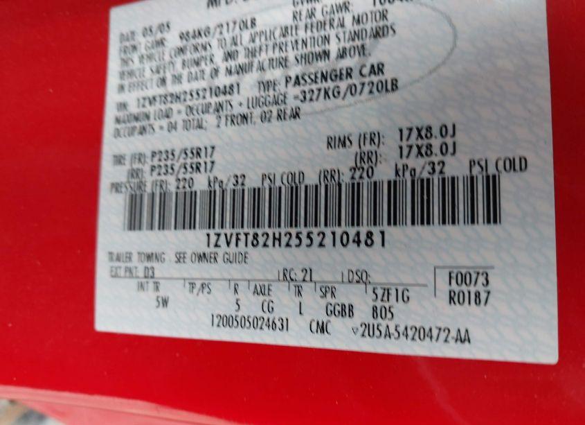 Photo 9 of 2005 Ford Mustang GT DELUXE/GT PREMIUM (VIN 1ZVFT82H255210481)