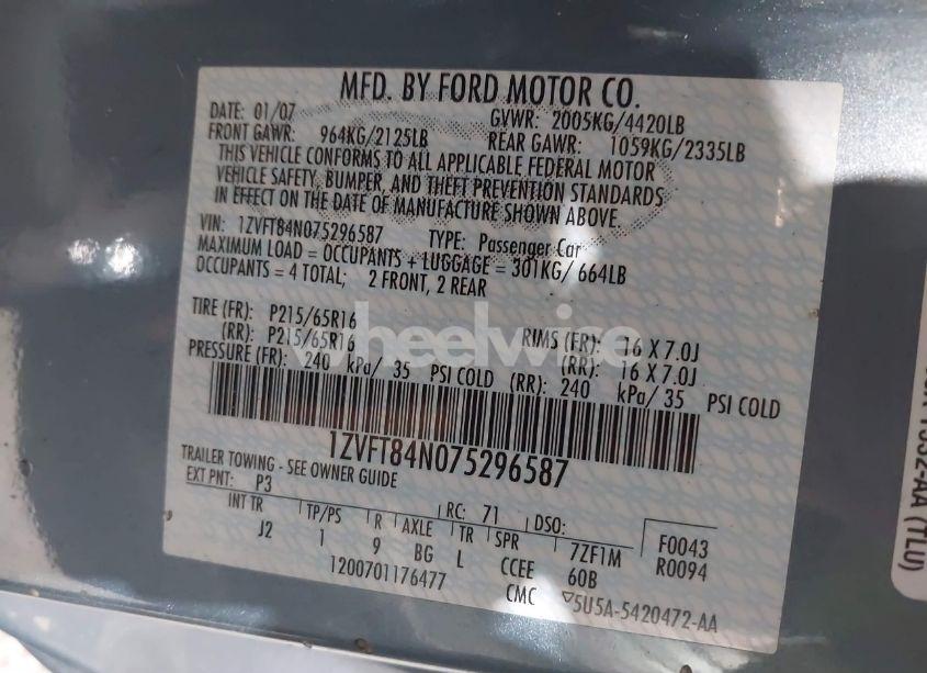 Photo 9 of 2007 Ford Mustang V6 DELUXE/V6 PREMIUM (VIN 1ZVFT84N075296587)