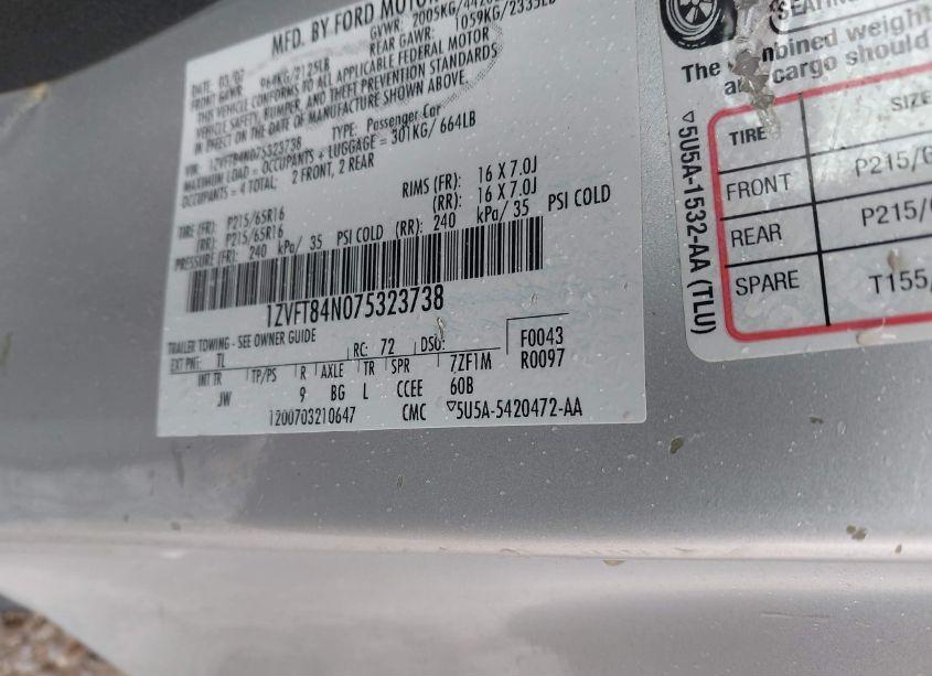 Photo 9 of 2007 Ford Mustang V6 DELUXE/V6 PREMIUM (VIN 1ZVFT84N075323738)