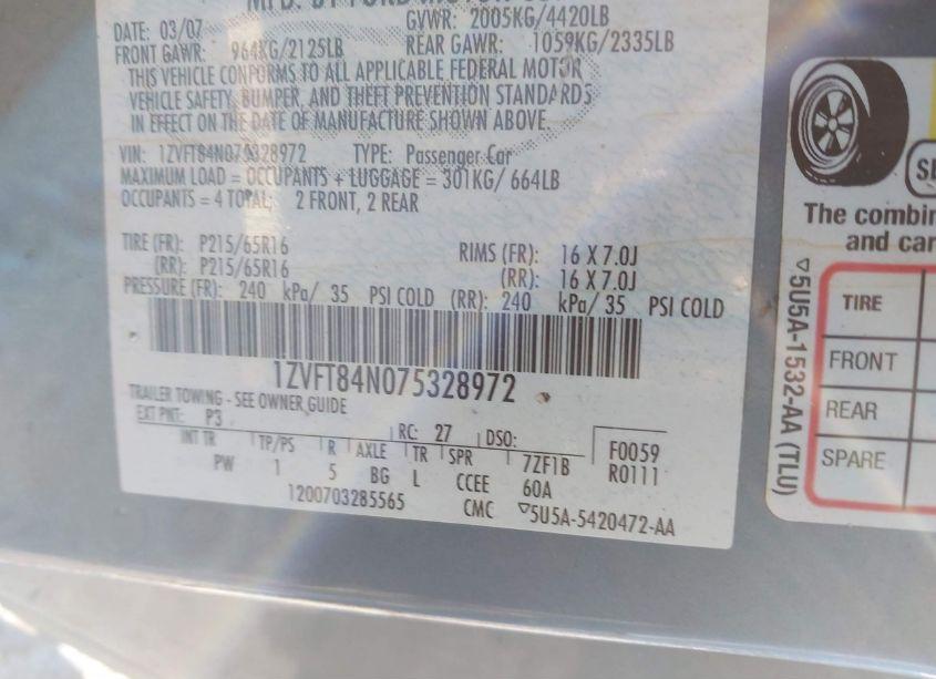 Photo 9 of 2007 Ford Mustang V6 DELUXE/V6 PREMIUM (VIN 1ZVFT84N075328972)