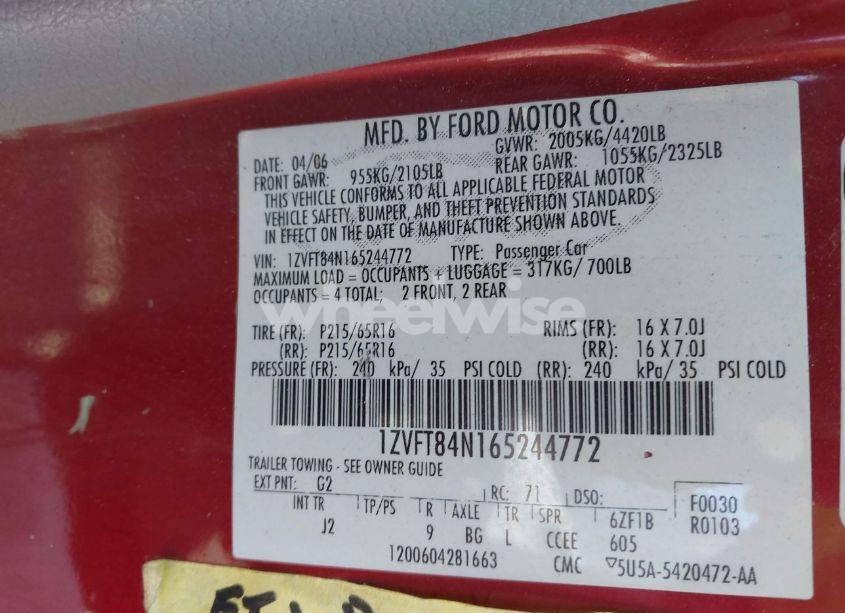 Photo 9 of 2006 Ford Mustang V6 (VIN 1ZVFT84N165244772)