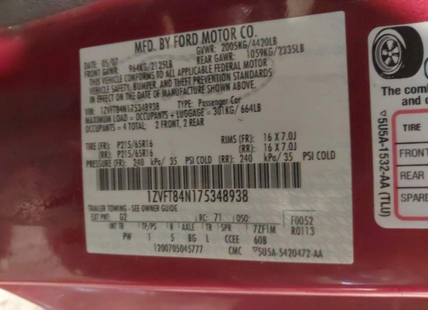 Photo 9 of 2007 Ford Mustang V6 DELUXE/V6 PREMIUM (VIN 1ZVFT84N175348938)