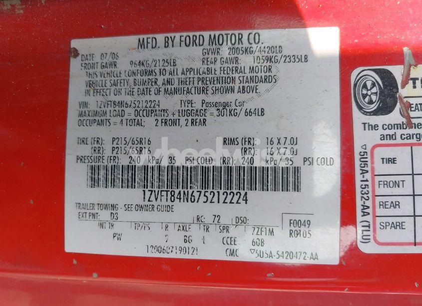 Photo 9 of 2007 Ford Mustang V6 DELUXE/V6 PREMIUM (VIN 1ZVFT84N675212224)