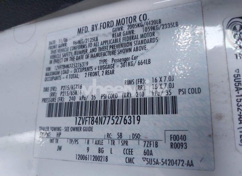 Photo 9 of 2007 Ford Mustang V6 DELUXE/V6 PREMIUM (VIN 1ZVFT84N775276319)