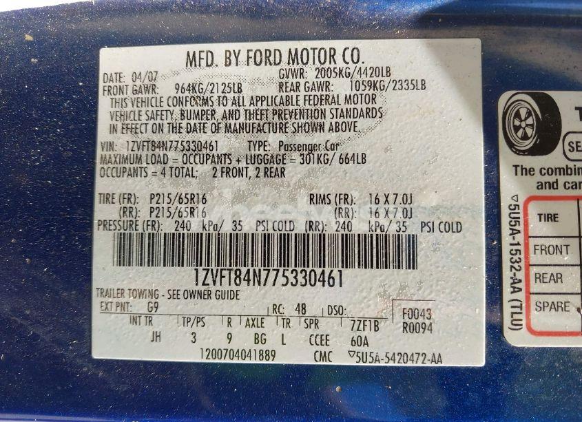 Photo 9 of 2007 Ford Mustang V6 DELUXE/V6 PREMIUM (VIN 1ZVFT84N775330461)