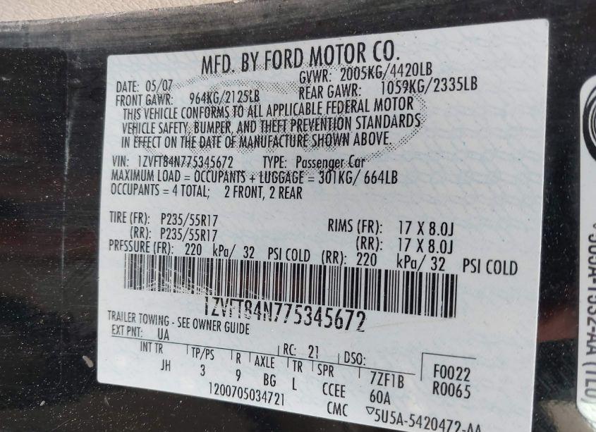 Photo 9 of 2007 Ford Mustang V6 DELUXE/V6 PREMIUM (VIN 1ZVFT84N775345672)