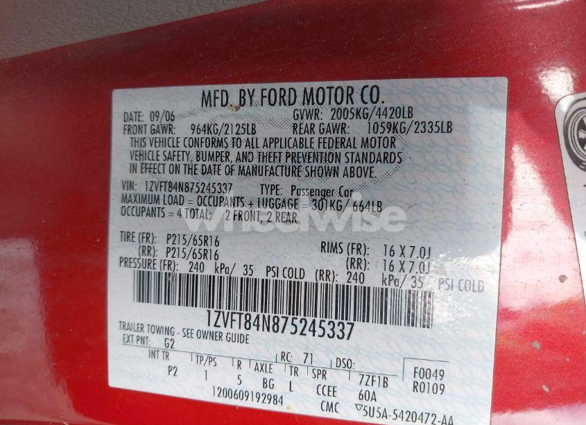 Photo 9 of 2007 Ford Mustang V6 DELUXE/V6 PREMIUM (VIN 1ZVFT84N875245337)