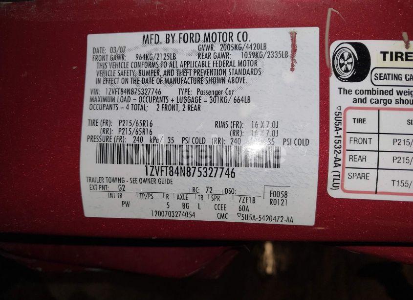 Photo 9 of 2007 Ford Mustang V6 DELUXE/V6 PREMIUM (VIN 1ZVFT84N875327746)