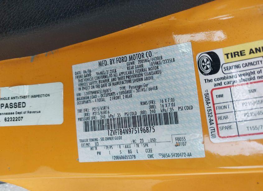 Photo 9 of 2007 Ford Mustang V6 DELUXE/V6 PREMIUM (VIN 1ZVFT84N975196875)