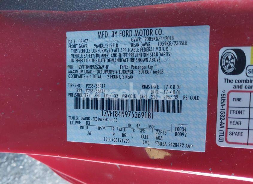 Photo 9 of 2007 Ford Mustang V6 DELUXE/V6 PREMIUM (VIN 1ZVFT84N975369181)