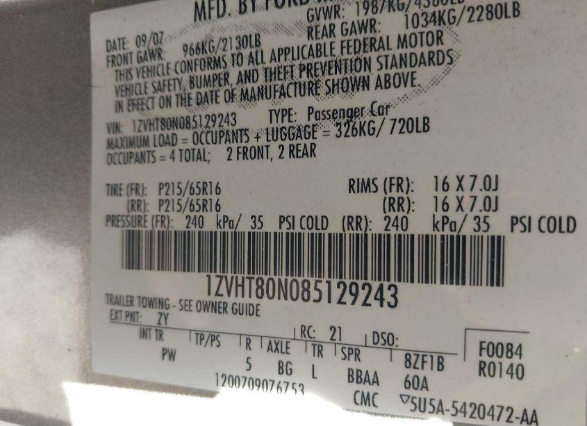 Photo 9 of 2008 Ford Mustang V6 DELUXE/V6 PREMIUM (VIN 1ZVHT80N085129243)