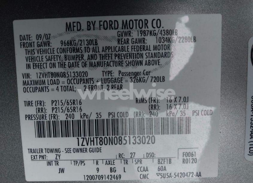 Photo 9 of 2008 Ford Mustang V6 PREMIUM (VIN 1ZVHT80N085133020)