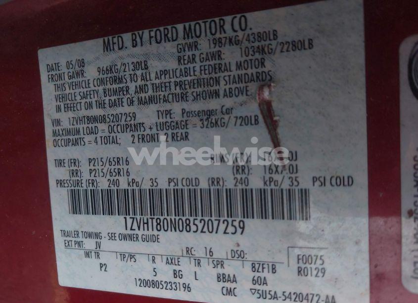 Photo 9 of 2008 Ford Mustang V6 DELUXE/V6 PREMIUM (VIN 1ZVHT80N085207259)