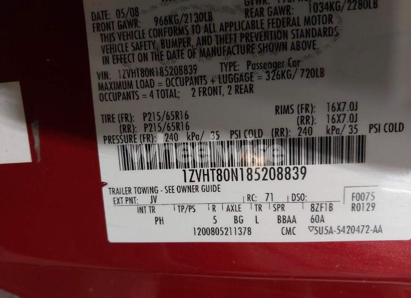 Photo 9 of 2008 Ford Mustang V6 DELUXE (VIN 1ZVHT80N185208839)