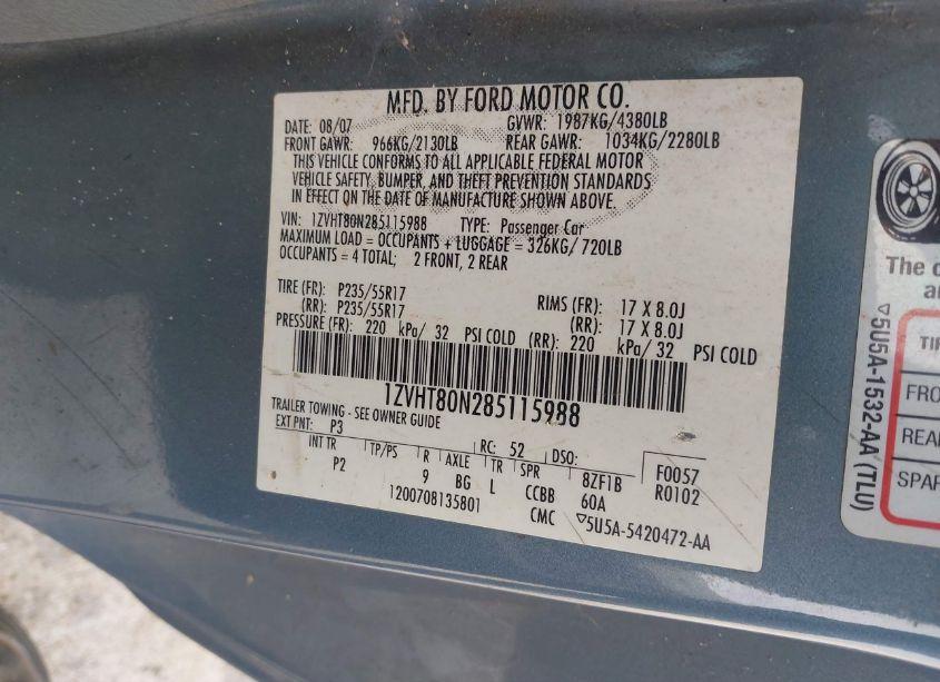 Photo 9 of 2008 Ford Mustang V6 DELUXE/V6 PREMIUM (VIN 1ZVHT80N285115988)