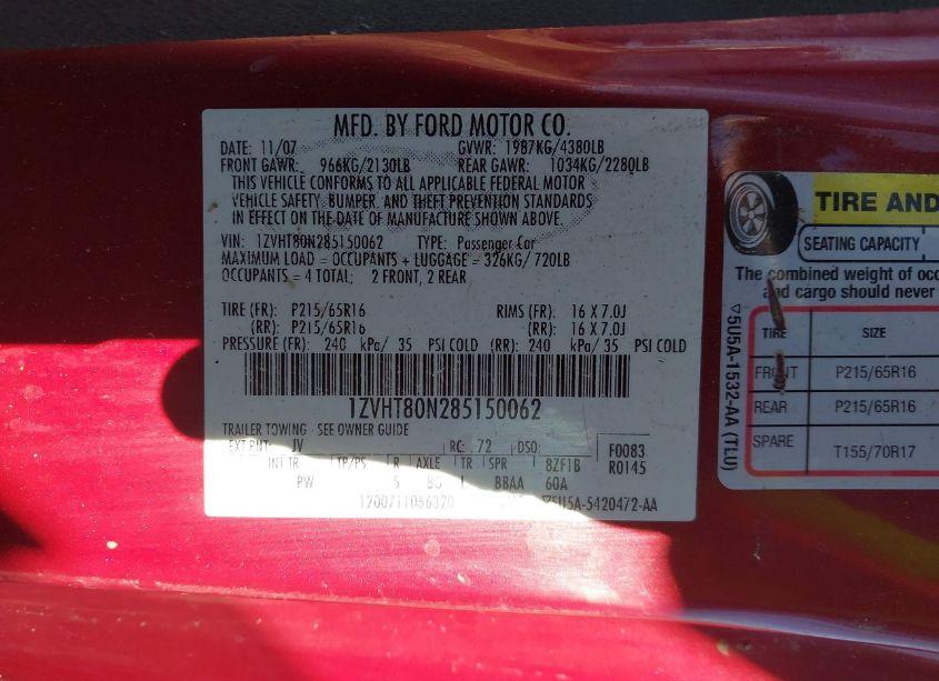 Photo 9 of 2008 Ford Mustang V6 DELUXE/V6 PREMIUM (VIN 1ZVHT80N285150062)