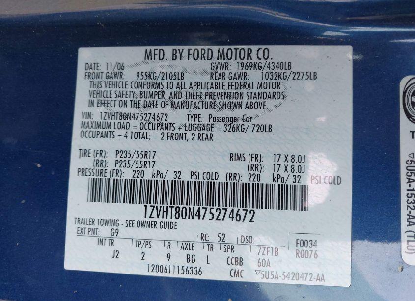 Photo 9 of 2007 Ford Mustang V6 DELUXE/V6 PREMIUM (VIN 1ZVHT80N475274672)