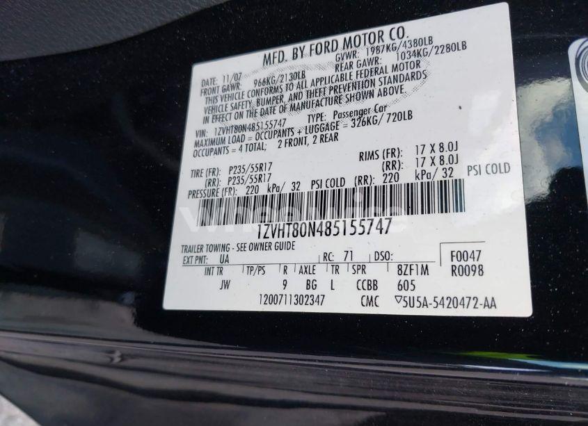 Photo 9 of 2008 Ford Mustang V6 DELUXE/V6 PREMIUM (VIN 1ZVHT80N485155747)