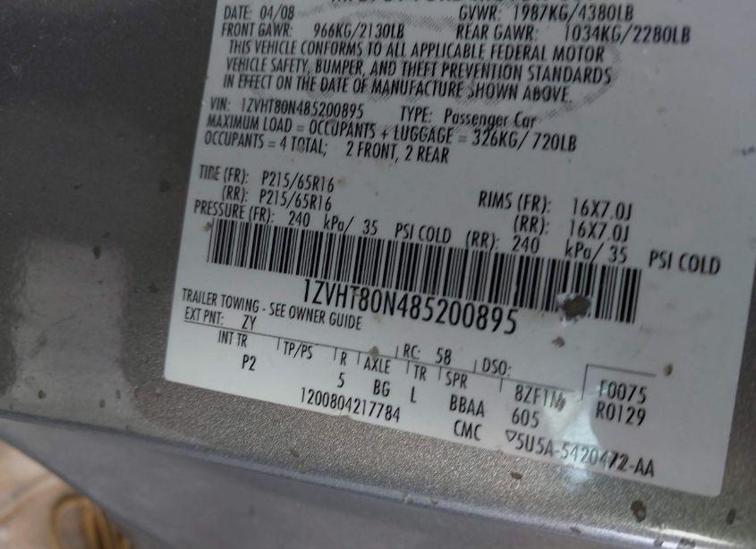 Photo 9 of 2008 Ford Mustang V6 DELUXE/V6 PREMIUM (VIN 1ZVHT80N485200895)