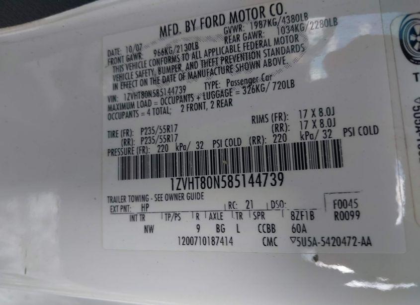 Photo 9 of 2008 Ford Mustang V6 DELUXE/V6 PREMIUM (VIN 1ZVHT80N585144739)