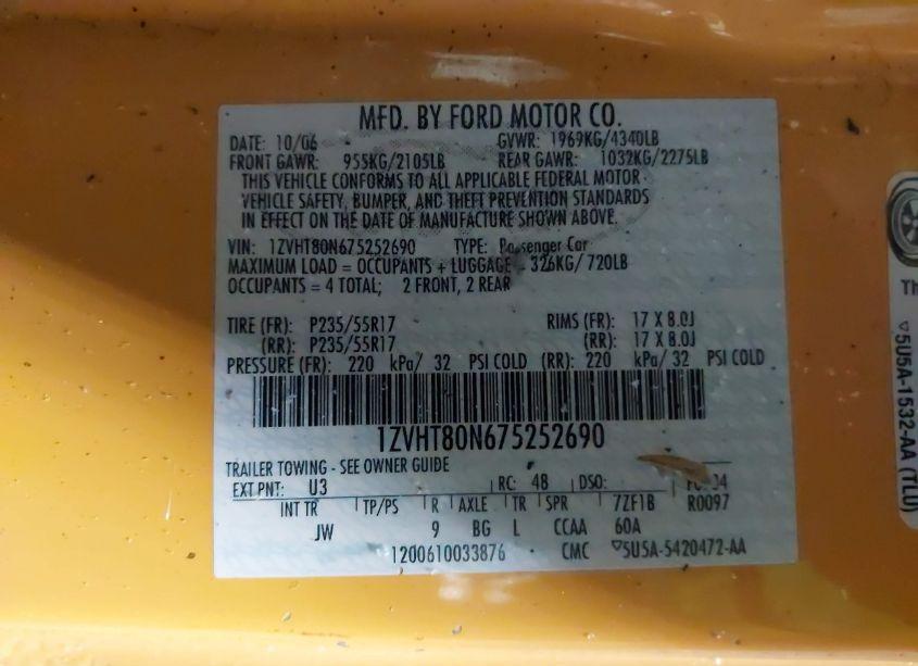 Photo 9 of 2007 Ford Mustang V6 DELUXE/V6 PREMIUM (VIN 1ZVHT80N675252690)