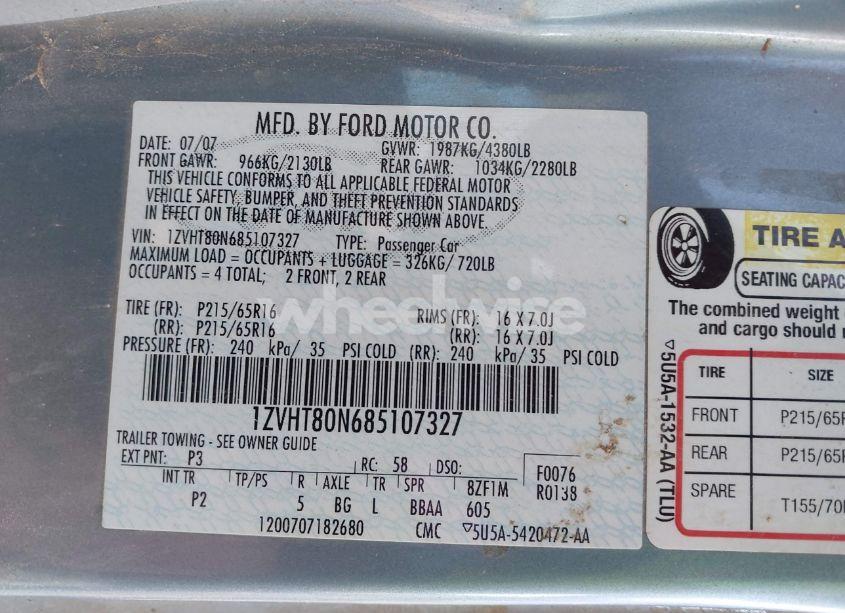 Photo 9 of 2008 Ford Mustang V6 DELUXE/V6 PREMIUM (VIN 1ZVHT80N685107327)