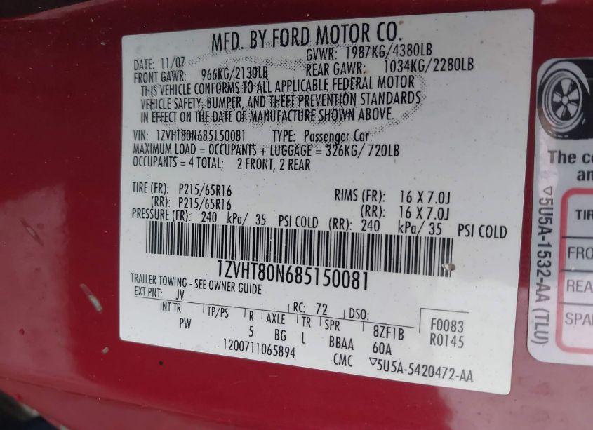 Photo 9 of 2008 Ford Mustang V6 DELUXE/V6 PREMIUM (VIN 1ZVHT80N685150081)