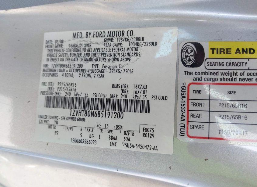 Photo 9 of 2008 Ford Mustang V6 DELUXE (VIN 1ZVHT80N685191200)