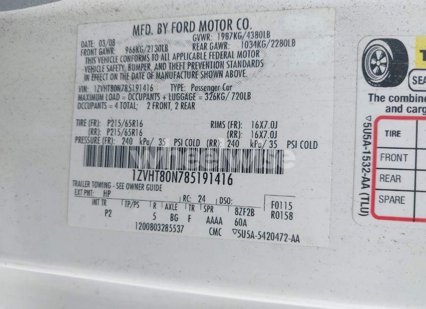 Photo 9 of 2008 Ford Mustang V6 DELUXE/V6 PREMIUM (VIN 1ZVHT80N785191416)